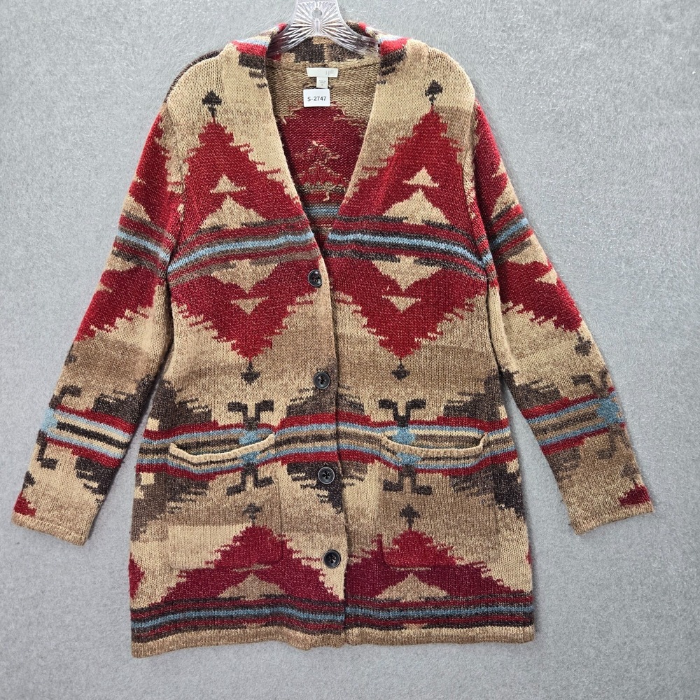 J Jill Women Sweater Medium Red Cardigan Geometric Southwestern Aztec READ